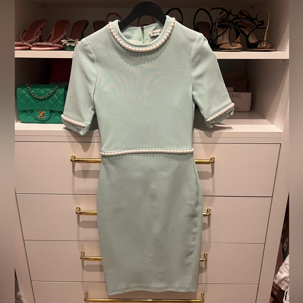 Mugler RARE Mint Green Midi Dress with Pearl Trim xs Breakfast at Tiffany’s
